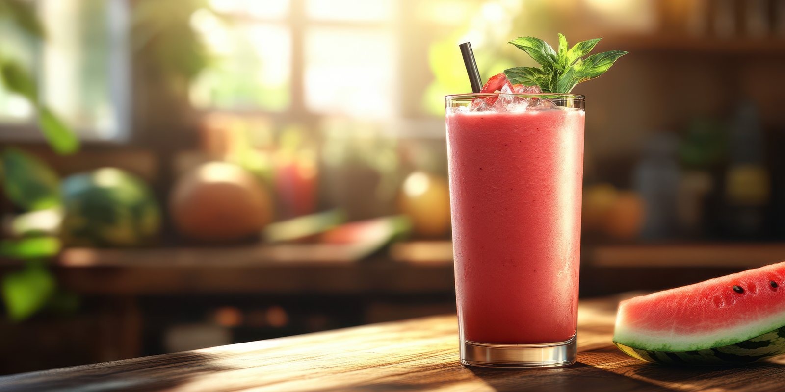 Refreshing watermelon smoothie served in a tall glass with mint leaves on a sunny kitchen counter